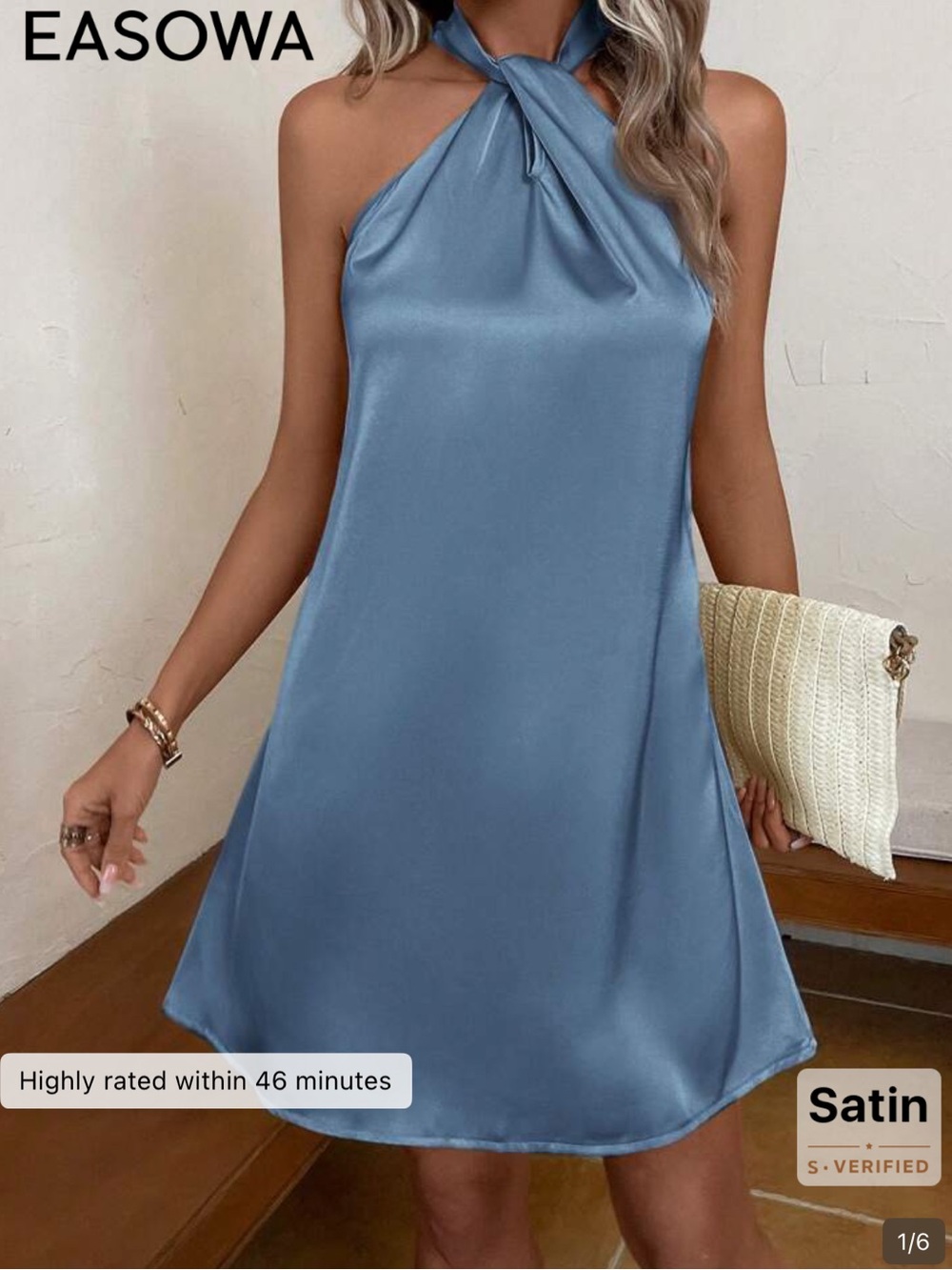 Blue Satin Halter Neck Mini Dress